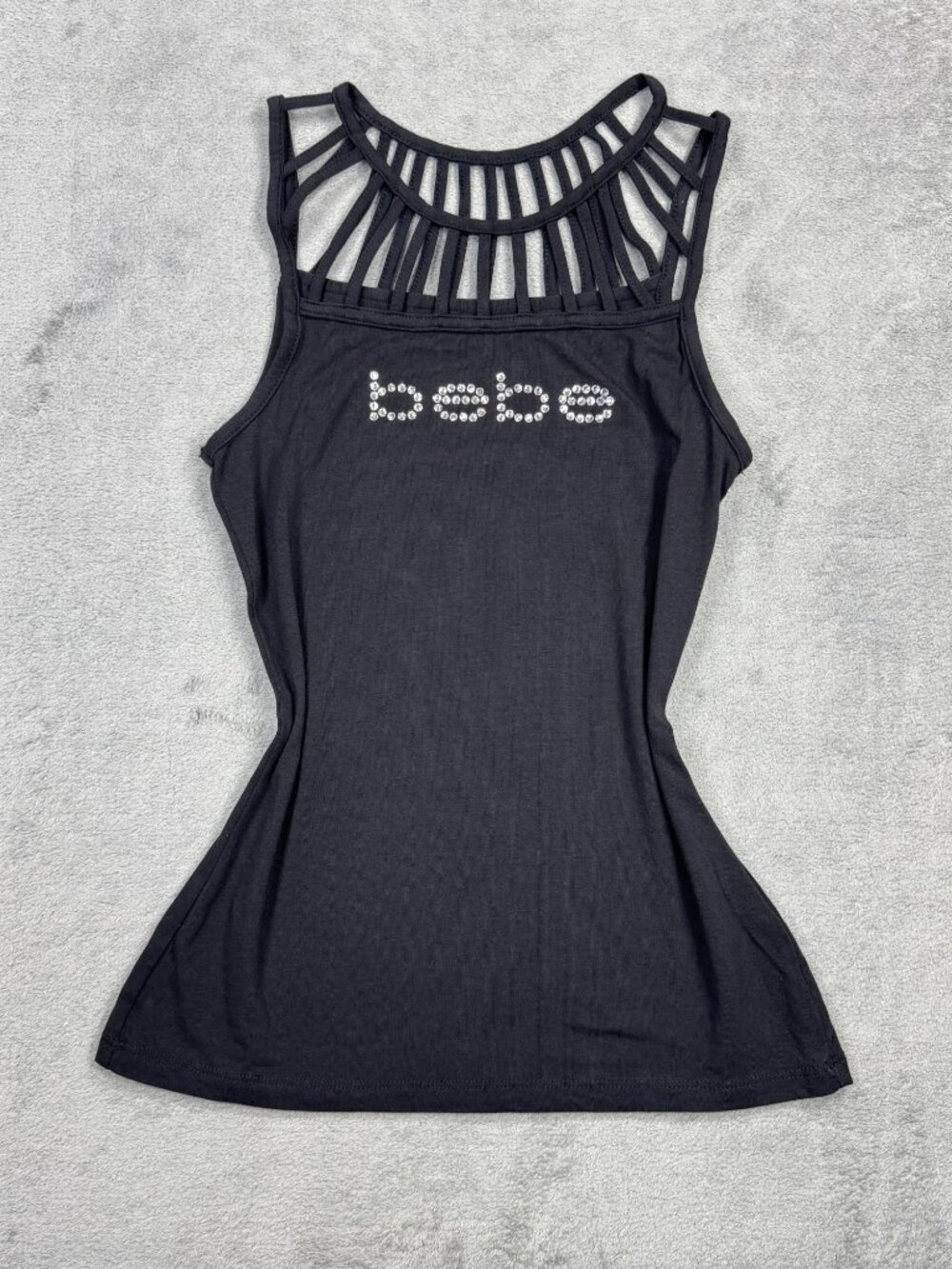 Y2K 2000s Bebe Rhinestone Logo Black Fitted Cutout Tank Top McBling Whimsigoth